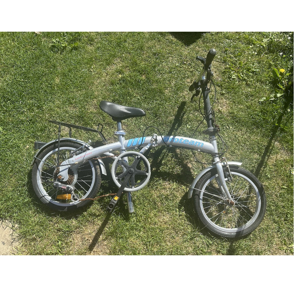 Bioteam Folding Bike 16" Silver Blue Steel 6 Speed Rear Rack Mudguards Kickstand