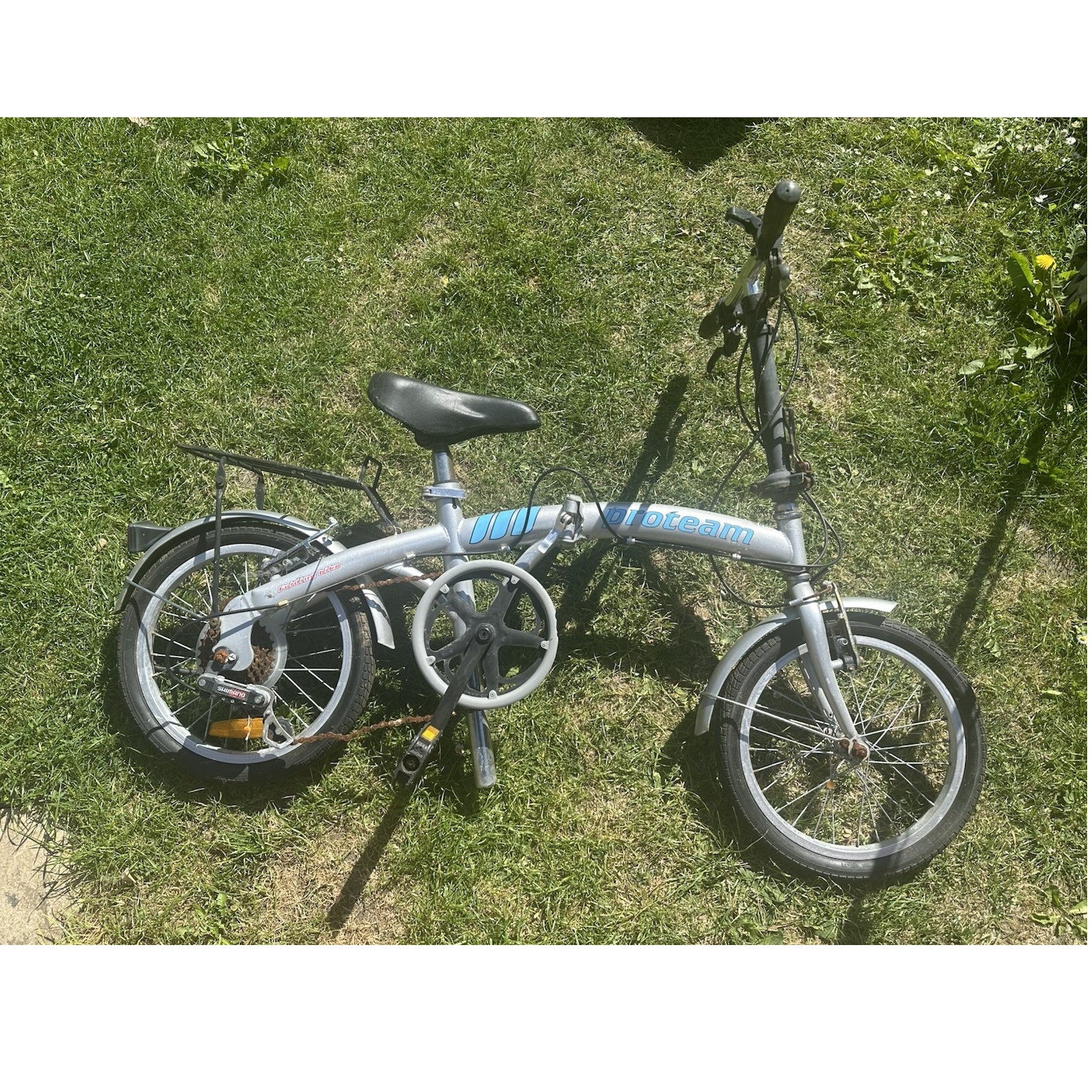 Bioteam Folding Bike 16" Silver Blue Steel 6 Speed Rear Rack Mudguards Kickstand