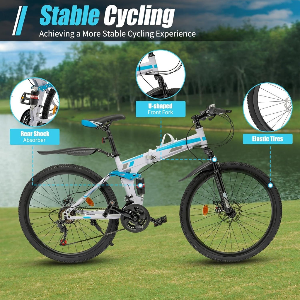 26" Foldable Mountain Bike 21 Speed Disc Brakes Adult MTB Steel Frame