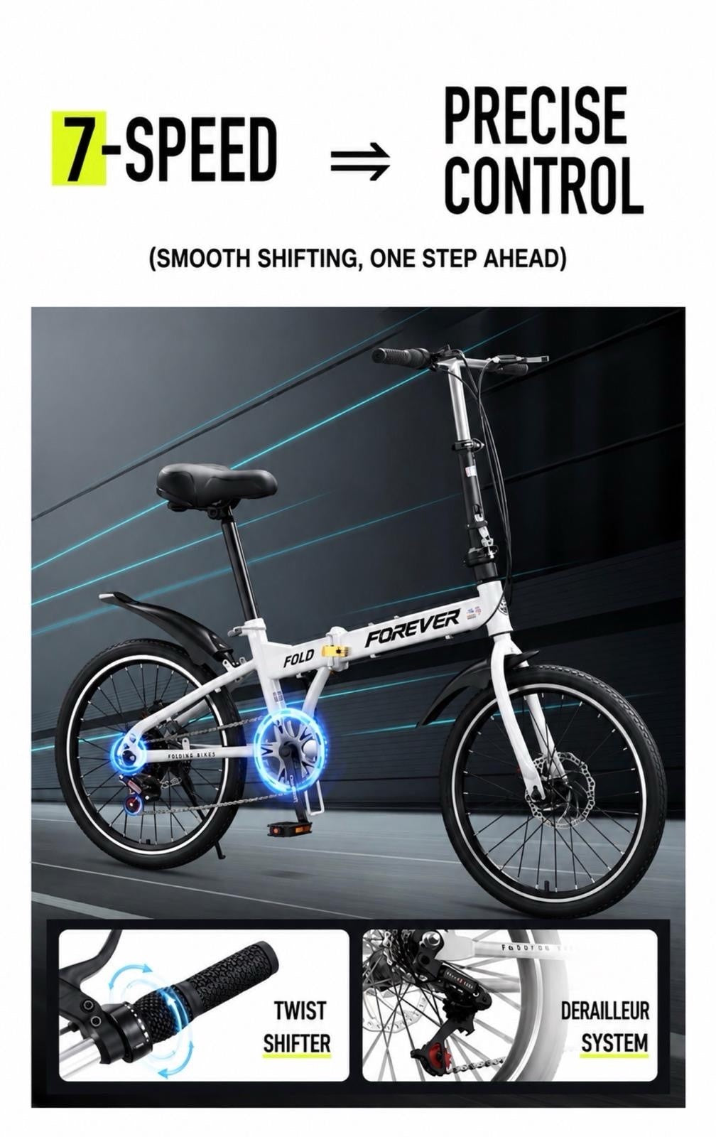 Forever Fold 20in Folding Bike 7-Speed Lightweight City Commuter Bicycle - grey