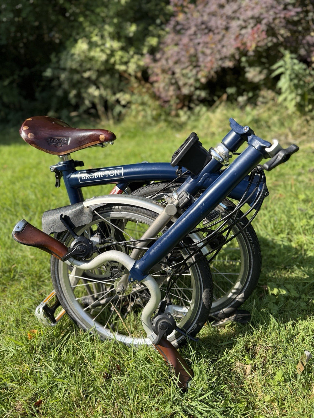 2017 Brompton Superlight folding bike H6L, Titanium, Navy Blue, Brooks Leather