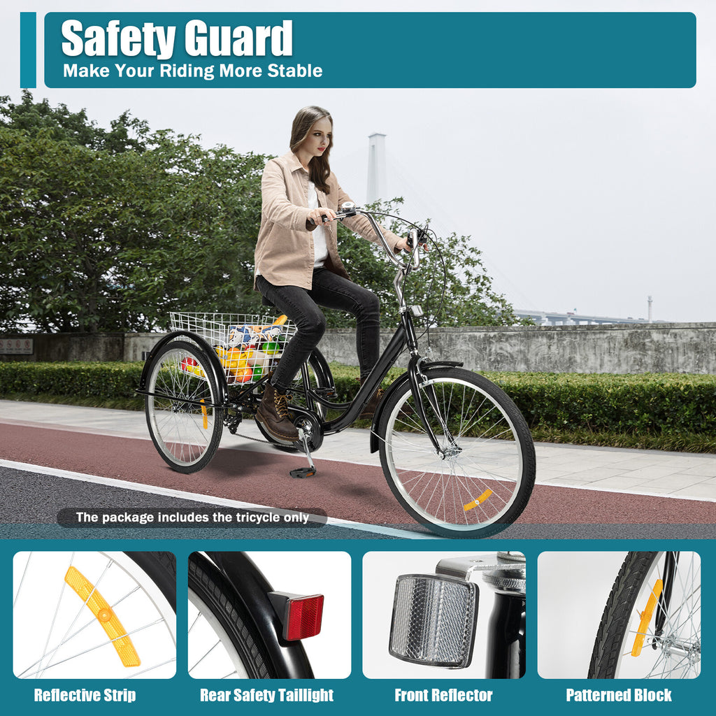 24 Inch Adult Tricycle Trike Bike 8-Speeds 3-Wheel Bicycle W/Folding Back Basket