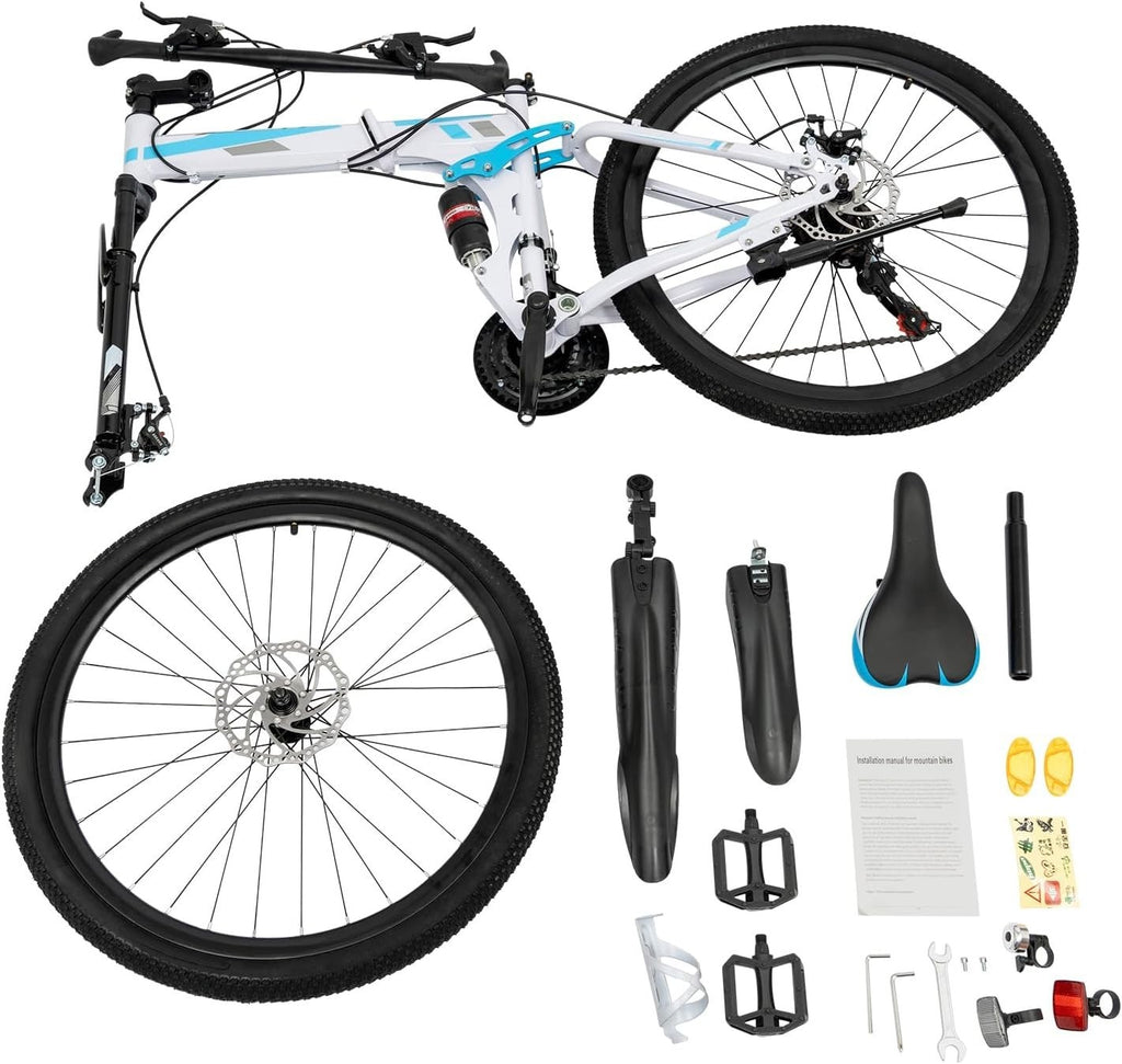26" Folding Mountain Bike 21 Speed Dual Disc Full Suspension Trail MTB