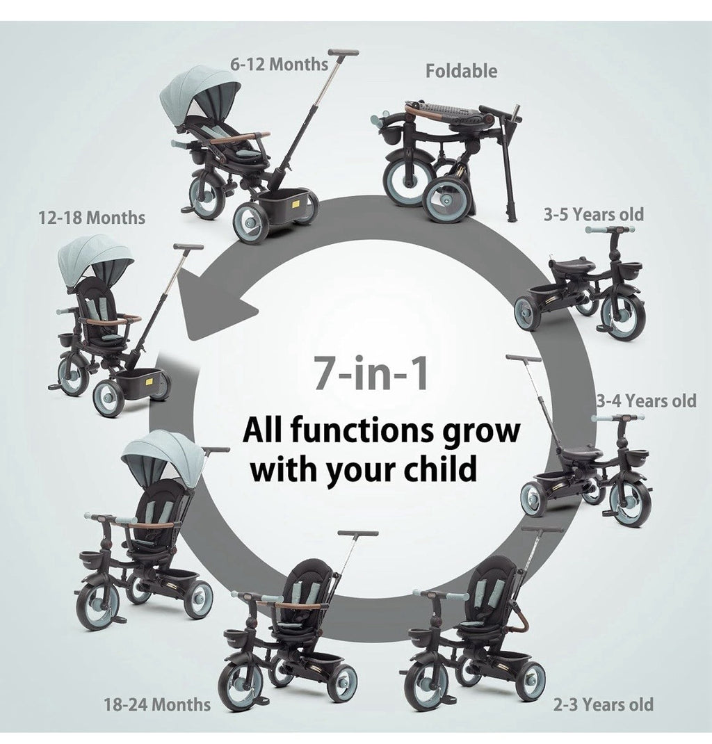 7-in-1 Folding Tricycle Trike with Parent Push Handle & Canopy