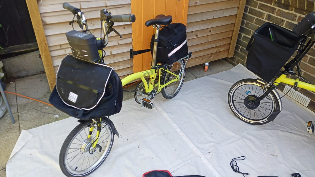 A Pair of Yellow Bromton Bikes with switch conversion. Excellent Condition