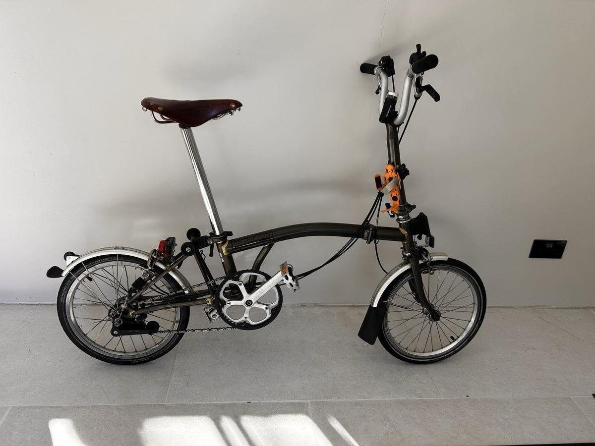 Brompton Folding Bike 6-Speed, Rare Raw Lacquer 2013 With Brompton L Front Bag