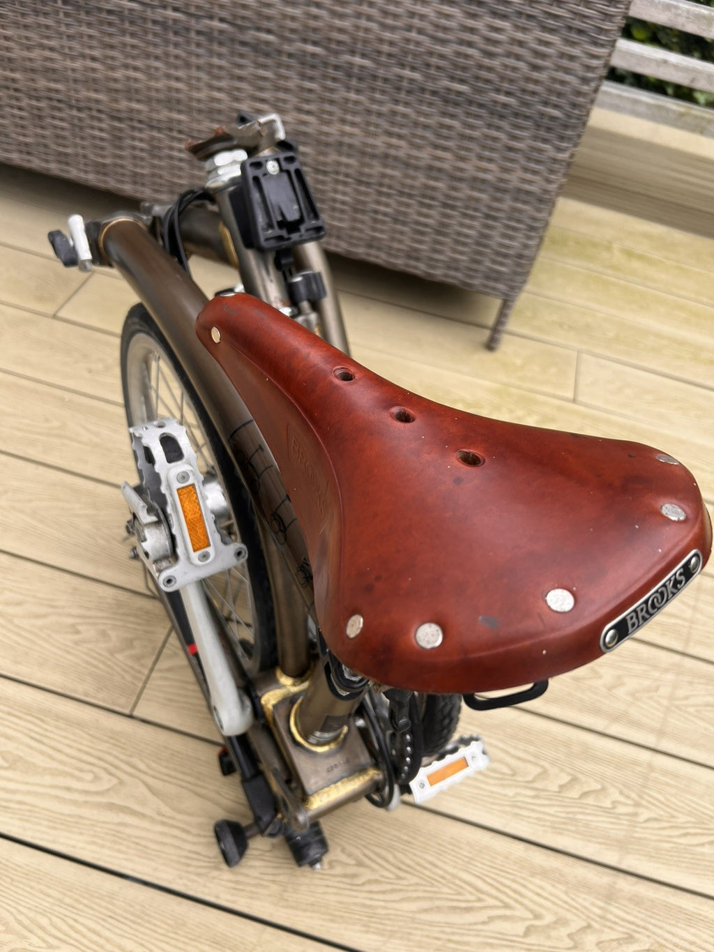 Brompton Folding Bike, Raw Lacquer, Brooks Leather Saddle, Front Bag, Pump, VGC