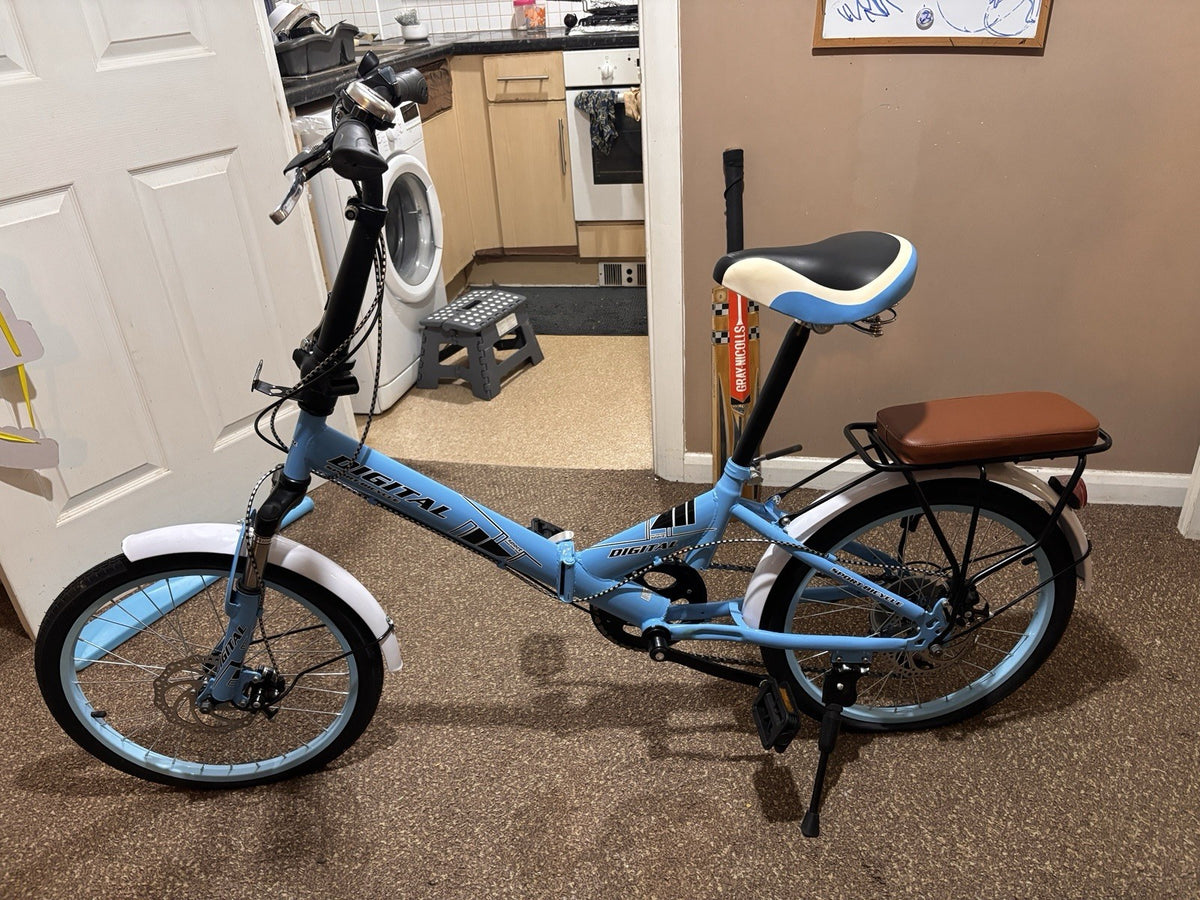 Digital sports Bicycle foldable 20in Blue/White,Rear Rack, Reflectors, V-Brakes