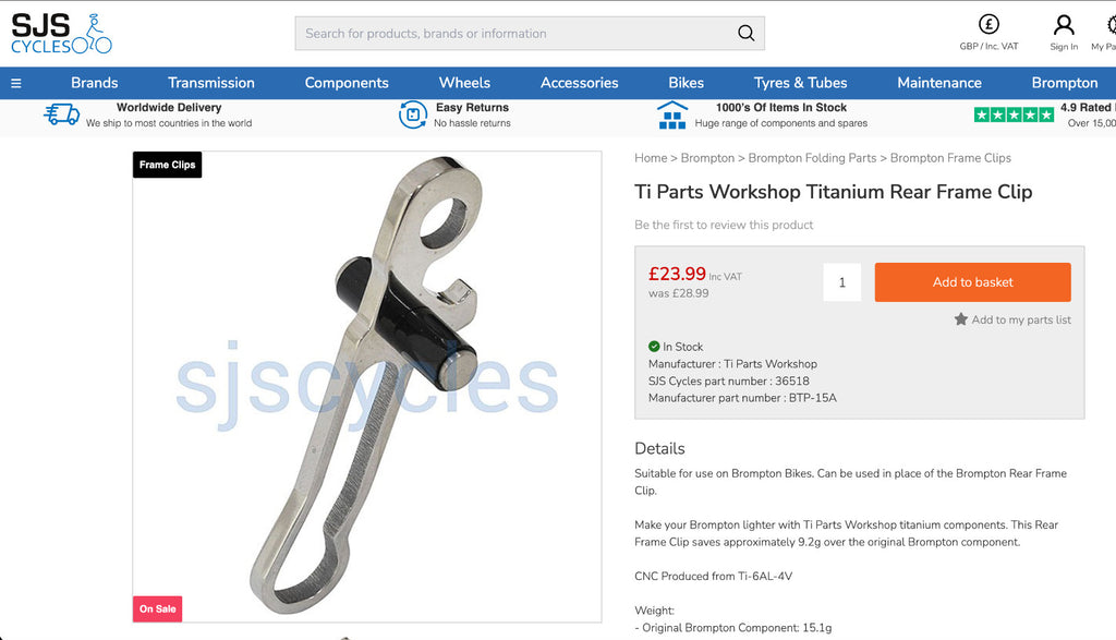 Brompton Ti Parts Workshop Titanium Ti Rear Frame Clip BTP-15A RRP£24 Free Post