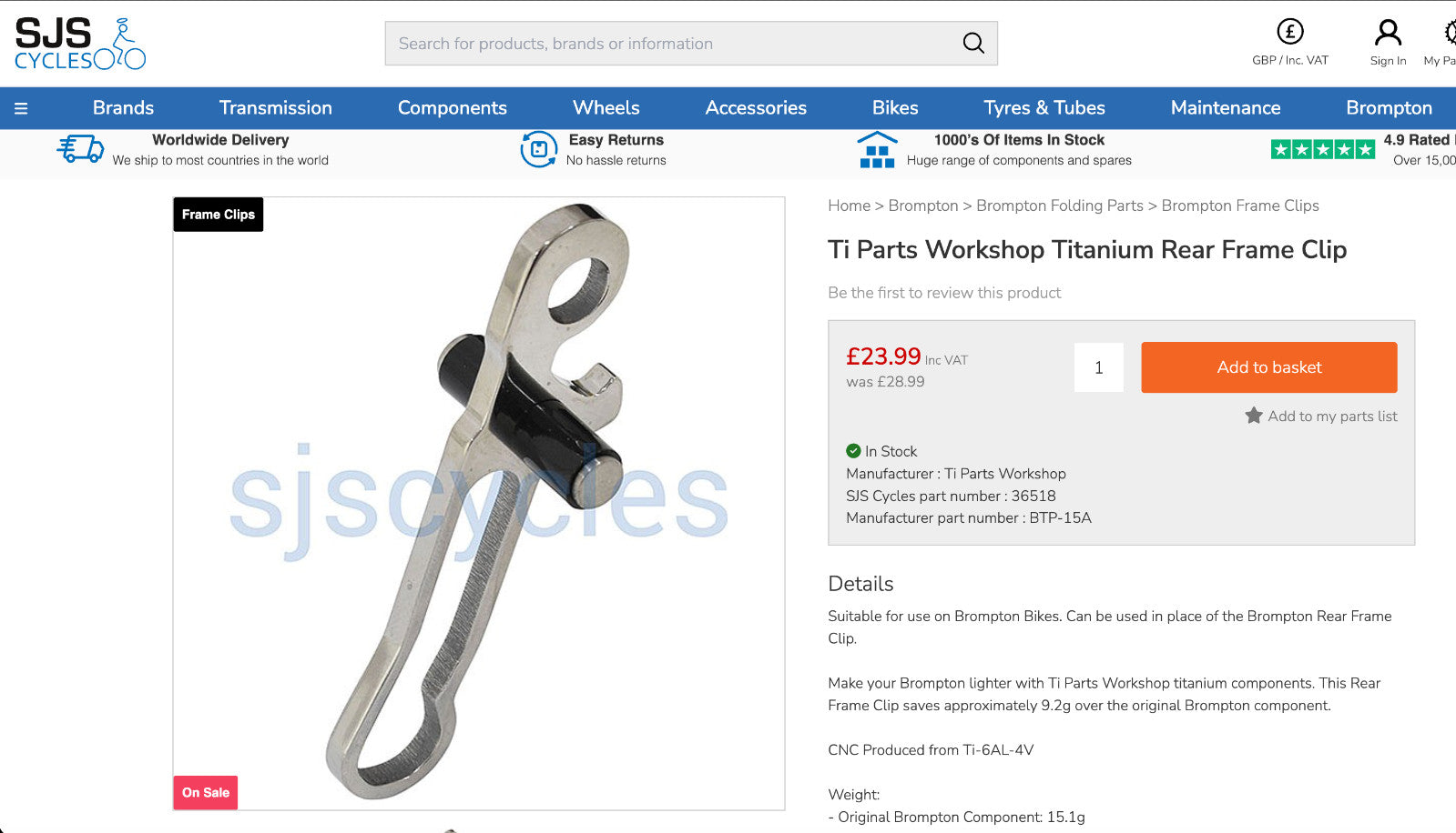 Brompton Ti Parts Workshop Titanium Ti Rear Frame Clip BTP-15A RRP£24 Free Post