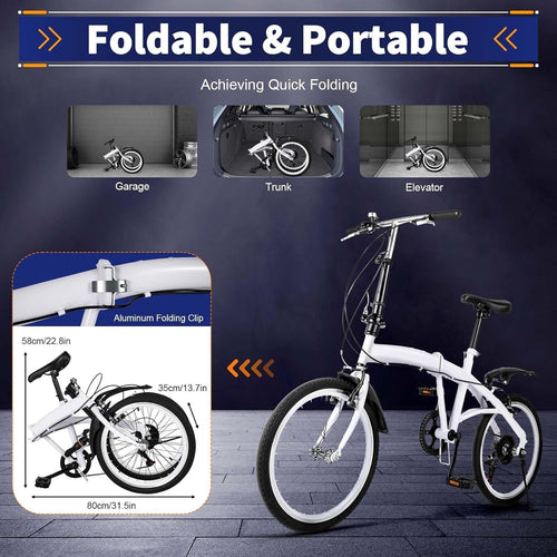20” Folding Bike 6-Speed Lightweight Steel Frame Adjustable Height Kids Adult