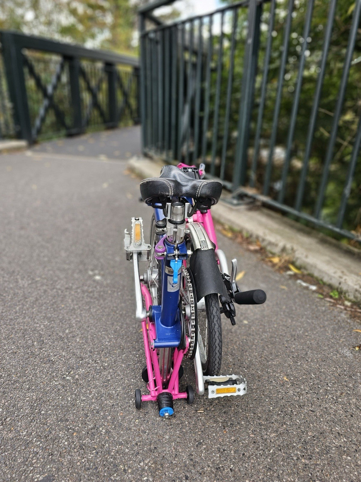 Brompton  c line 2012 Folding Bike 16 in M Frame Blue/Pink Mudguards lights