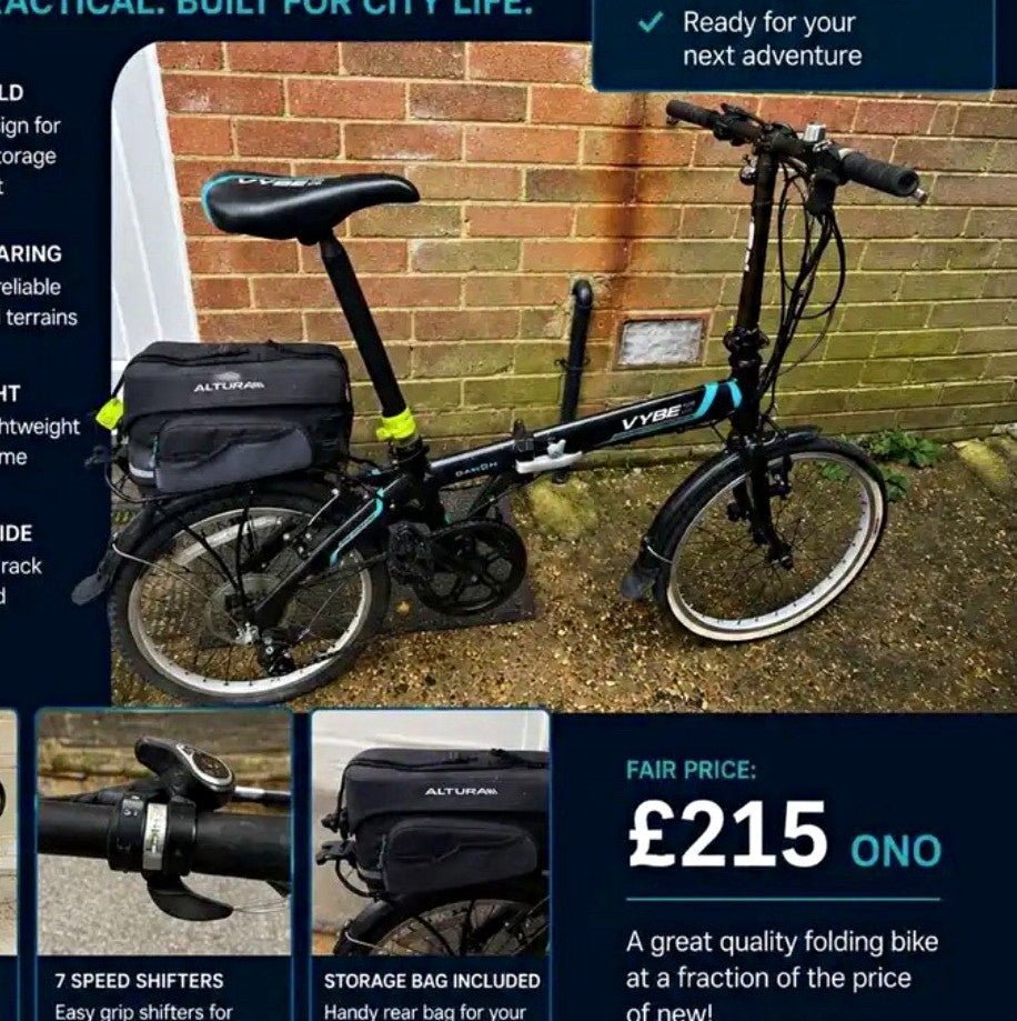 Vybe D7 Folding Bike 20in 7 Speed Aluminium, Foldable Rear Rack Black/Blue