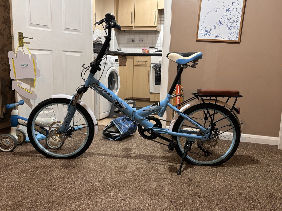 Digital sports Bicycle foldable 20in Blue/White,Rear Rack, Reflectors, V-Brakes