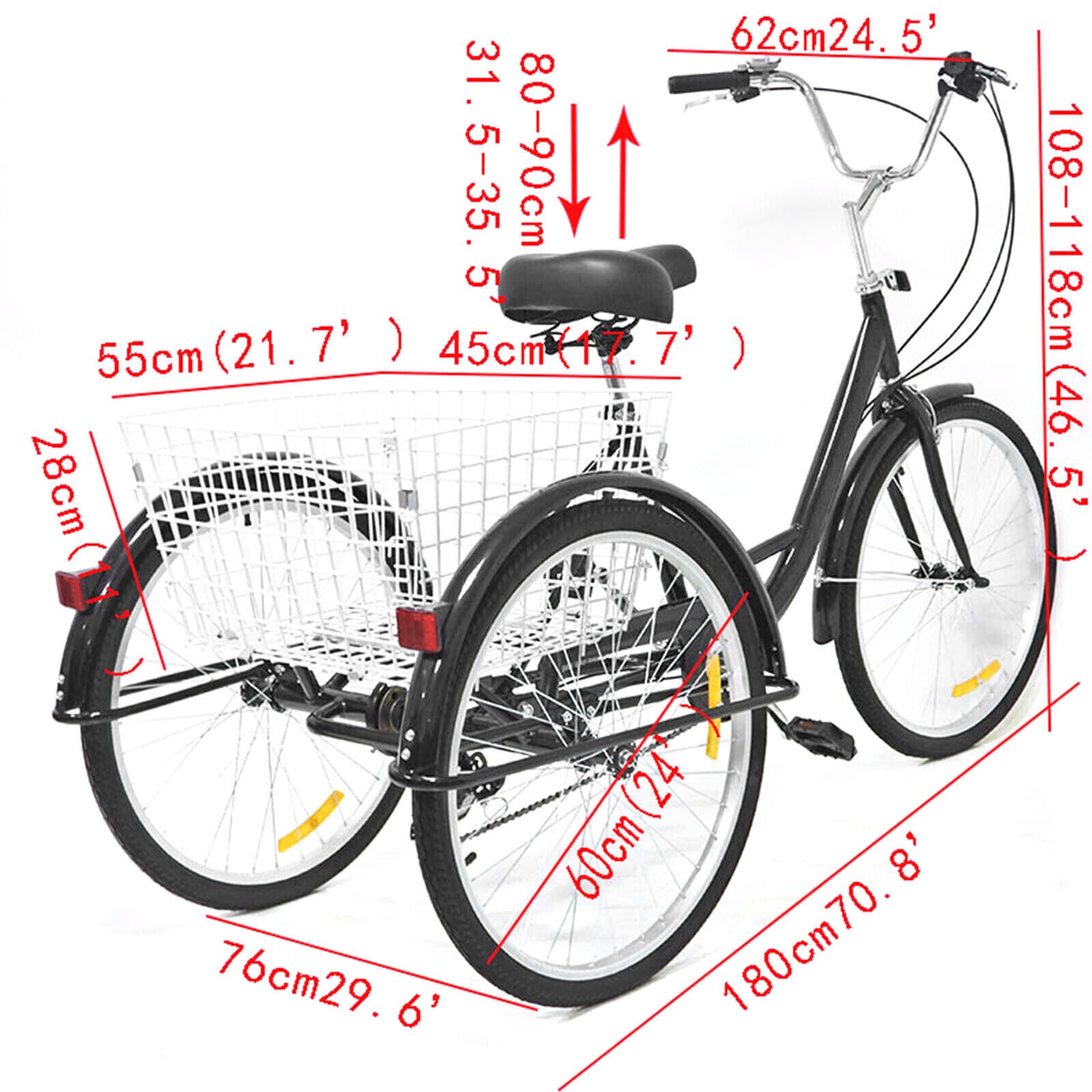 24 Inch Adult Tricycle Trike Bike 8-Speeds 3-Wheel Bicycle W/Folding Back Basket