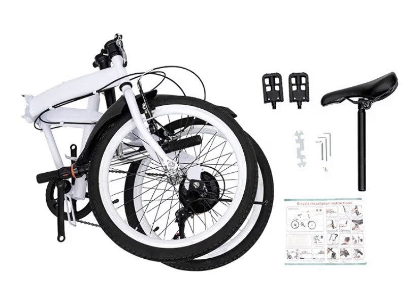 White Folding Bike Foldable City Bike for Adult 20" Commute Bicycle 6 Speed Gear