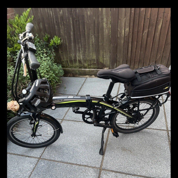 Carrera Subway E Folding Bike 20in Black/Yellow w/ Lights, Rear Rack, Stand