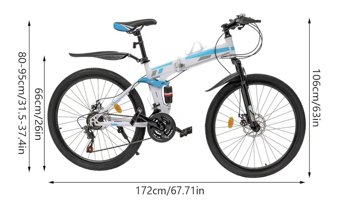 26" Folding Mountain Bike 21 Speed Men Bikes MTB Bicycle School Dual Disc Brake
