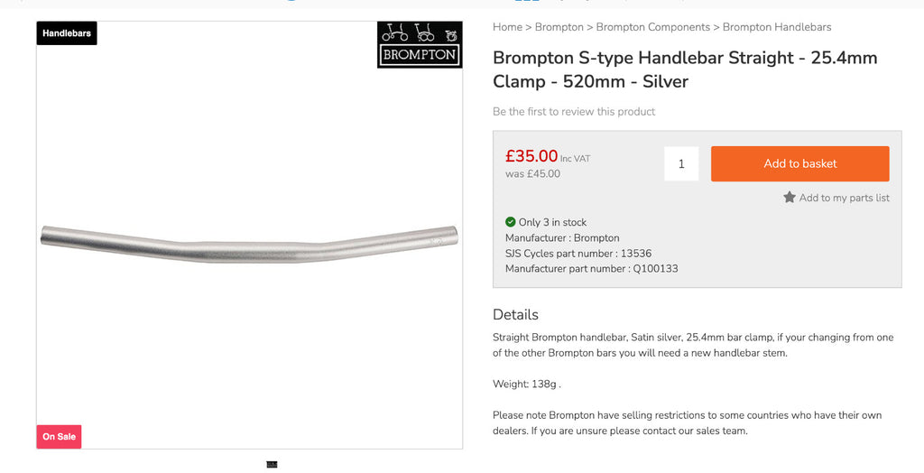 Brompton Folding Bike Std Seatpost Pentaclip Mid Bar Low Bar S M Handle Bar