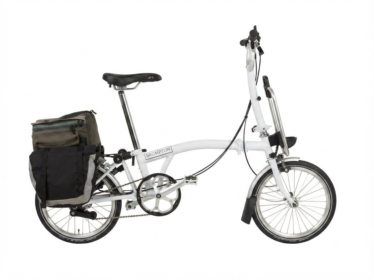 Brompton M3R Folding Bike - White + Panniers, Rack Bag, Front Frame -UK DELIVERY