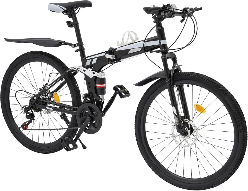 26" Folding Mountain Bike 21-Speed Dual Disc Brakes Full Suspension MTB