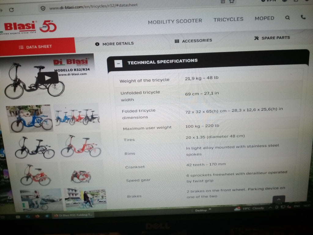 Three wheel folding bike.Di Blasi R32 Folding Tricycle. Lovely blue.High Quality