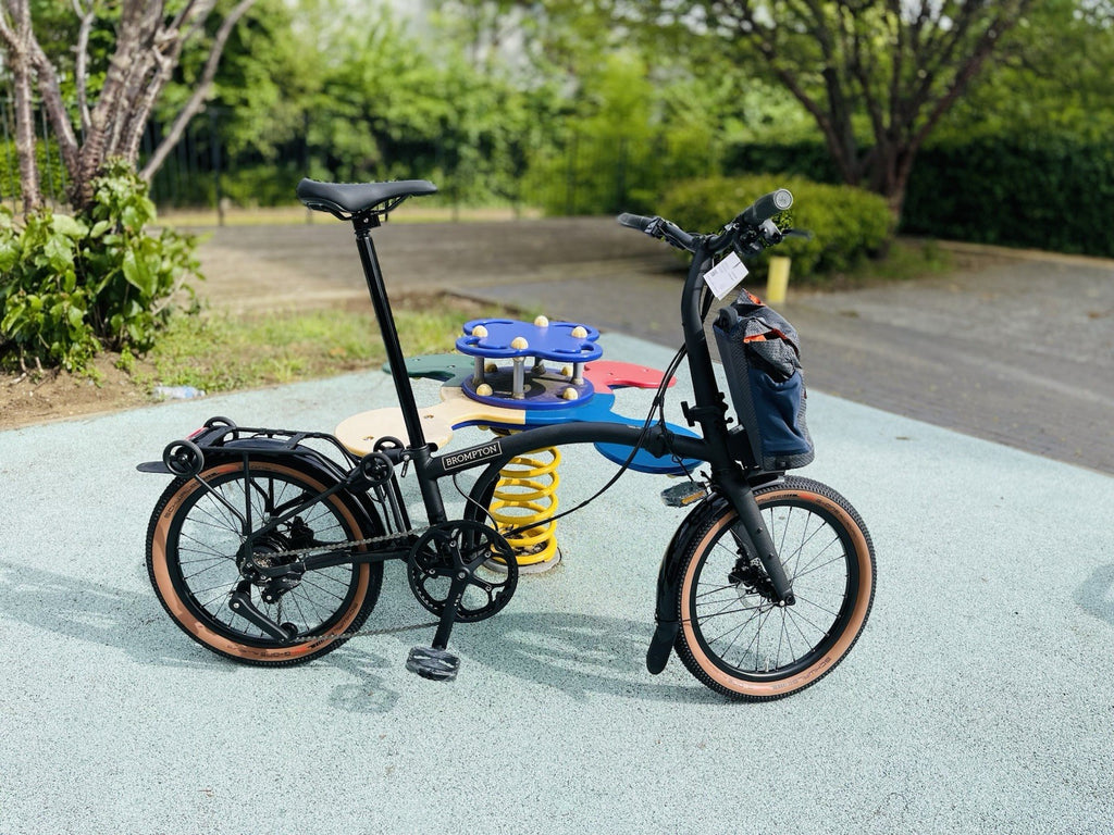 Brompton Folding Bike Black Brown 20in Disc Brakes Rear Rack Mudguards