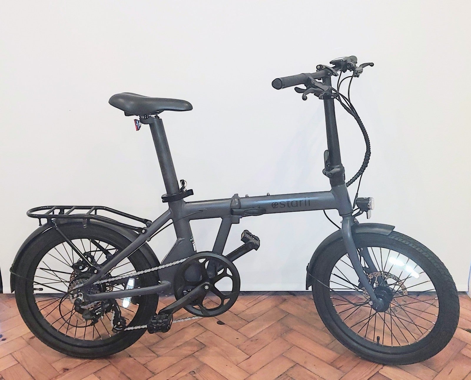 Estarli E20 Pro Folding Bike with Rear Rack 20 Inch Wheels In Storm Grey & Black