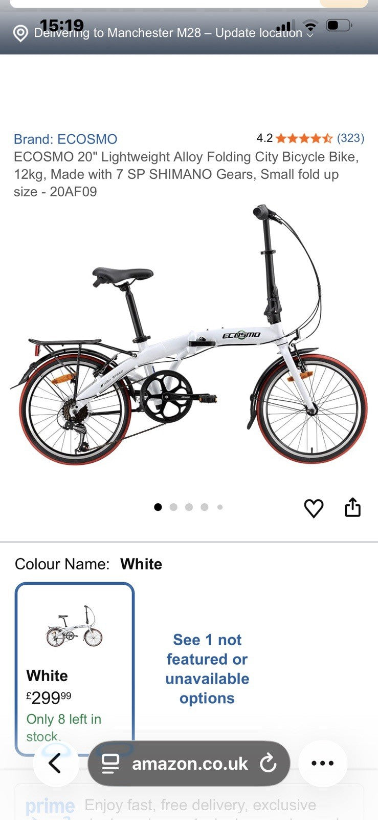 Folding City Bicycle Ecosmo 20" Wheel White, Alloy 7SP Shimano, 12kg-20AF09W