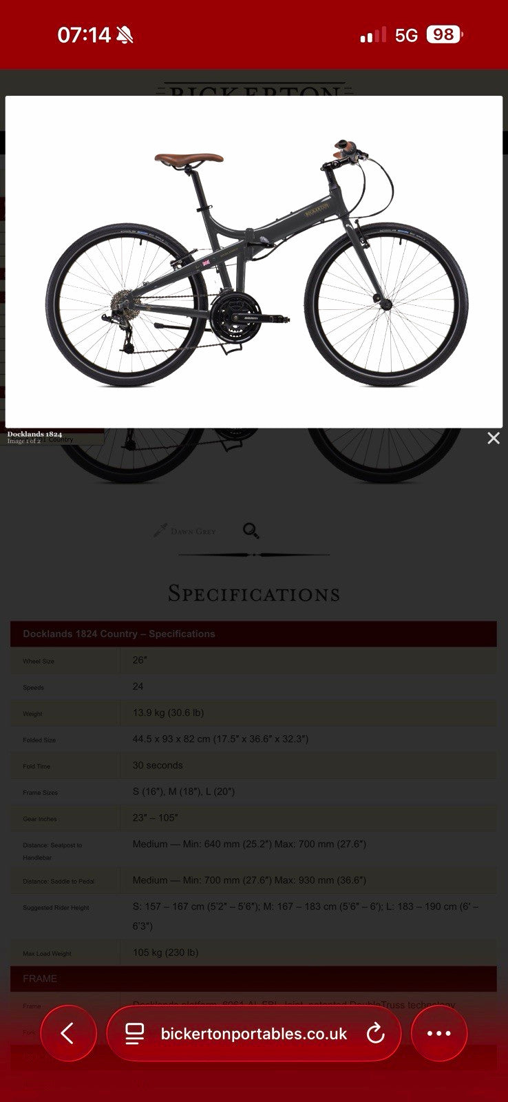Bickerton Docklands 1824 Country 26in 24-Speed Folding Bike V-Brake Grey