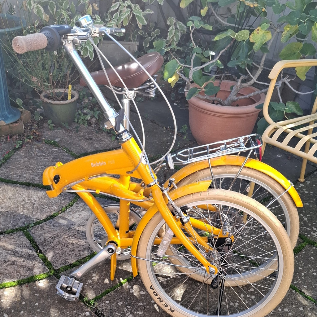 Bobbin Pli 20 in Folding Bike Yellow, Basket, Mudguards, Rear Rack, Bell