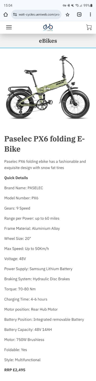 Paselec PX6 Folding Bike - Suspension, Charger, x2 Keys, Spare Motors