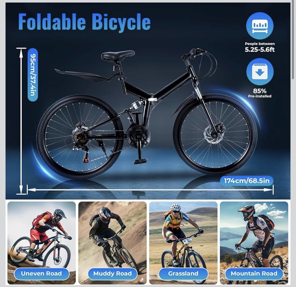 21-Speed Folding Mountain Bike Foldable Bicycle 26" Portable Adult Mountain Bike