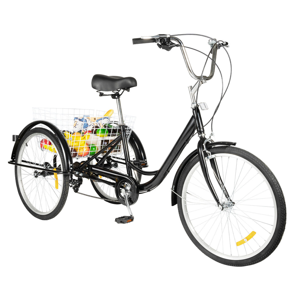 24 Inch Adult Tricycle Bike 8 Speed Trike 3-Wheel Bicycle w/Folding Back &Basket