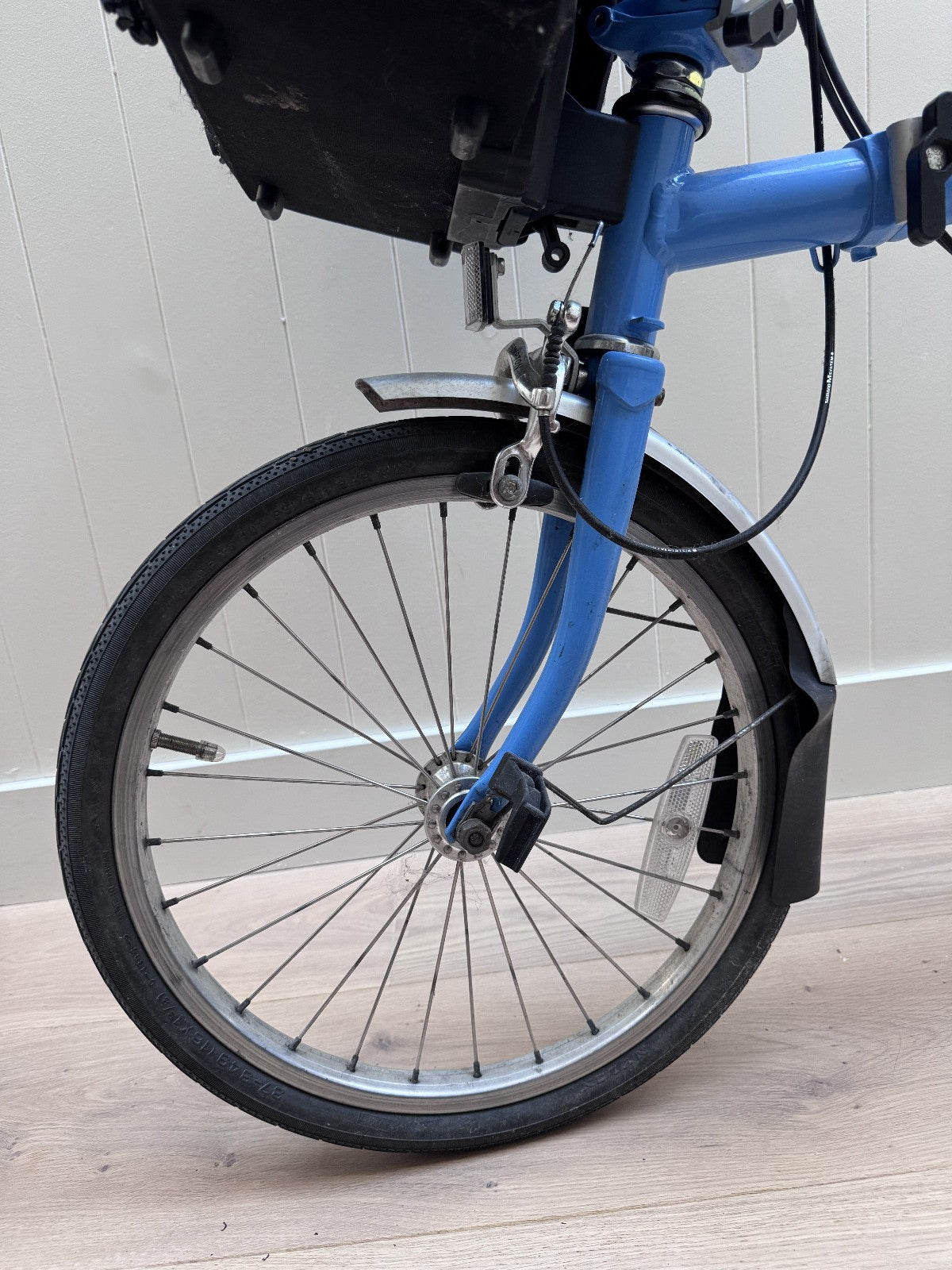 Brompton 3 speed folding bike, Brooks saddle, Ortlieb rack bag