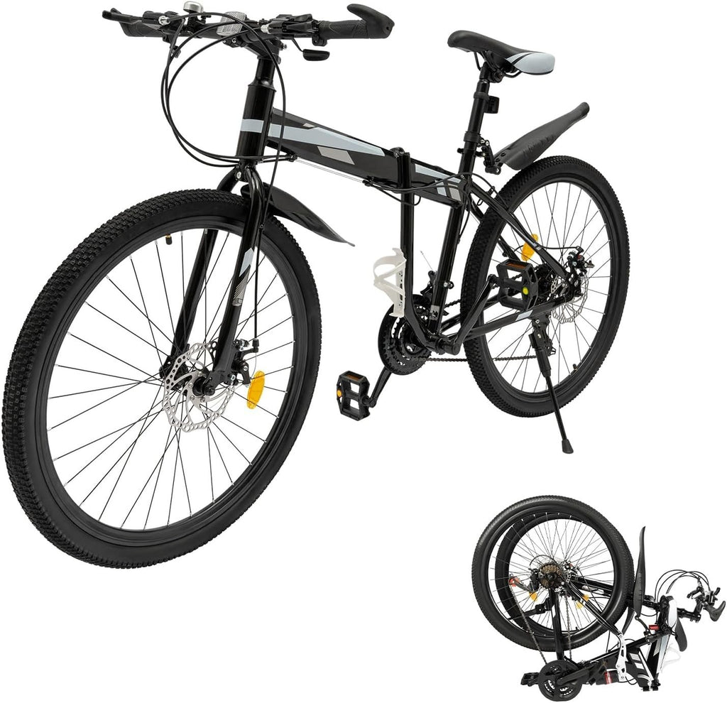 26" Folding Mountain Bike 21-Speed Dual Disc Brakes Adjustable Saddle