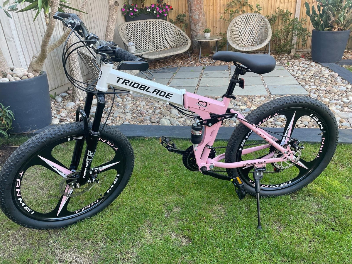 male and female folding mountain bikes - dual susp, disc brakes, multispeed