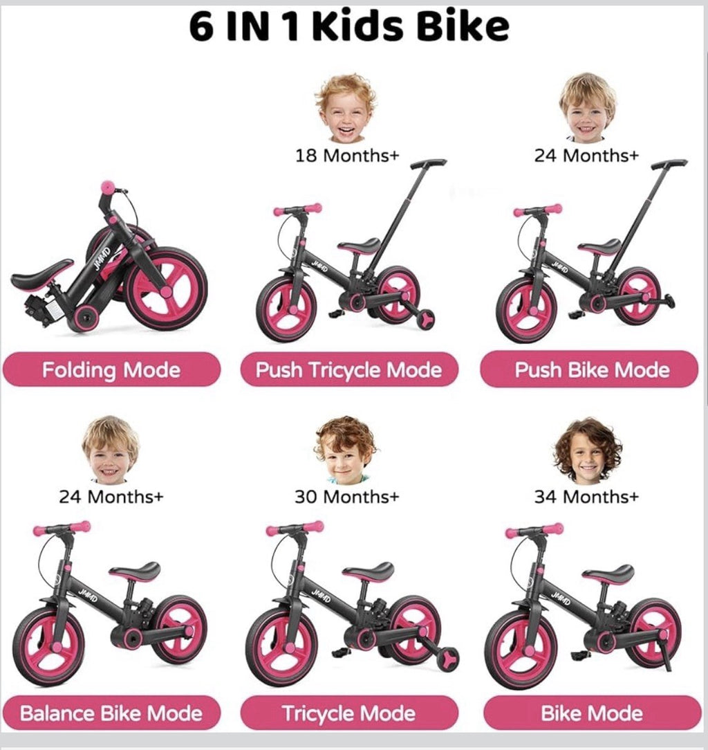 JMMD 6 in 1 Toddler Bike with Push Handle for Kids 18-60 Months, 12" Foldable