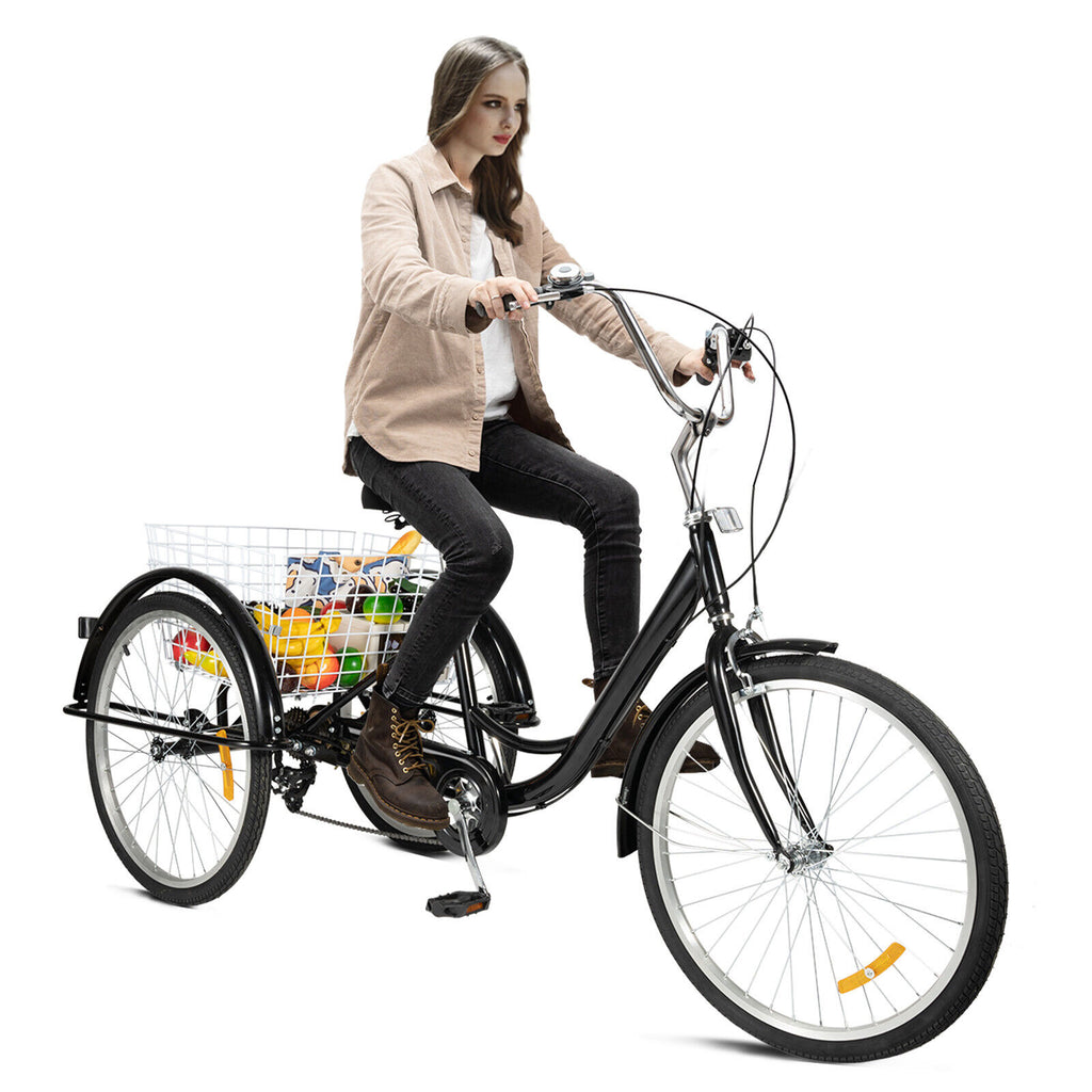 24 Inch Adult Tricycle Bike 8 Speed Trike 3-Wheel Bicycle w/Folding Back &Basket