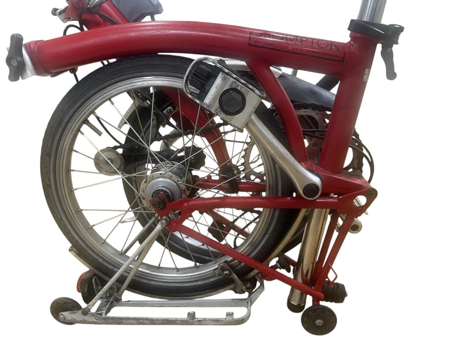 Brompton Folding Bike 3-Speed, Red, Front Carry Bag, Rear Rack & Rear Light