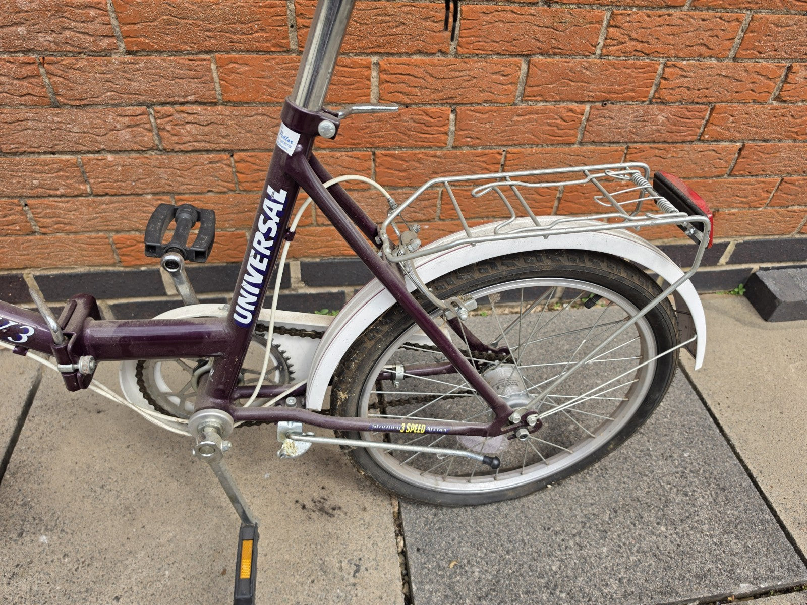 Universal Stowaway 3 20in Folding Bike Purple/White 3 Speed Hub Gears Rack