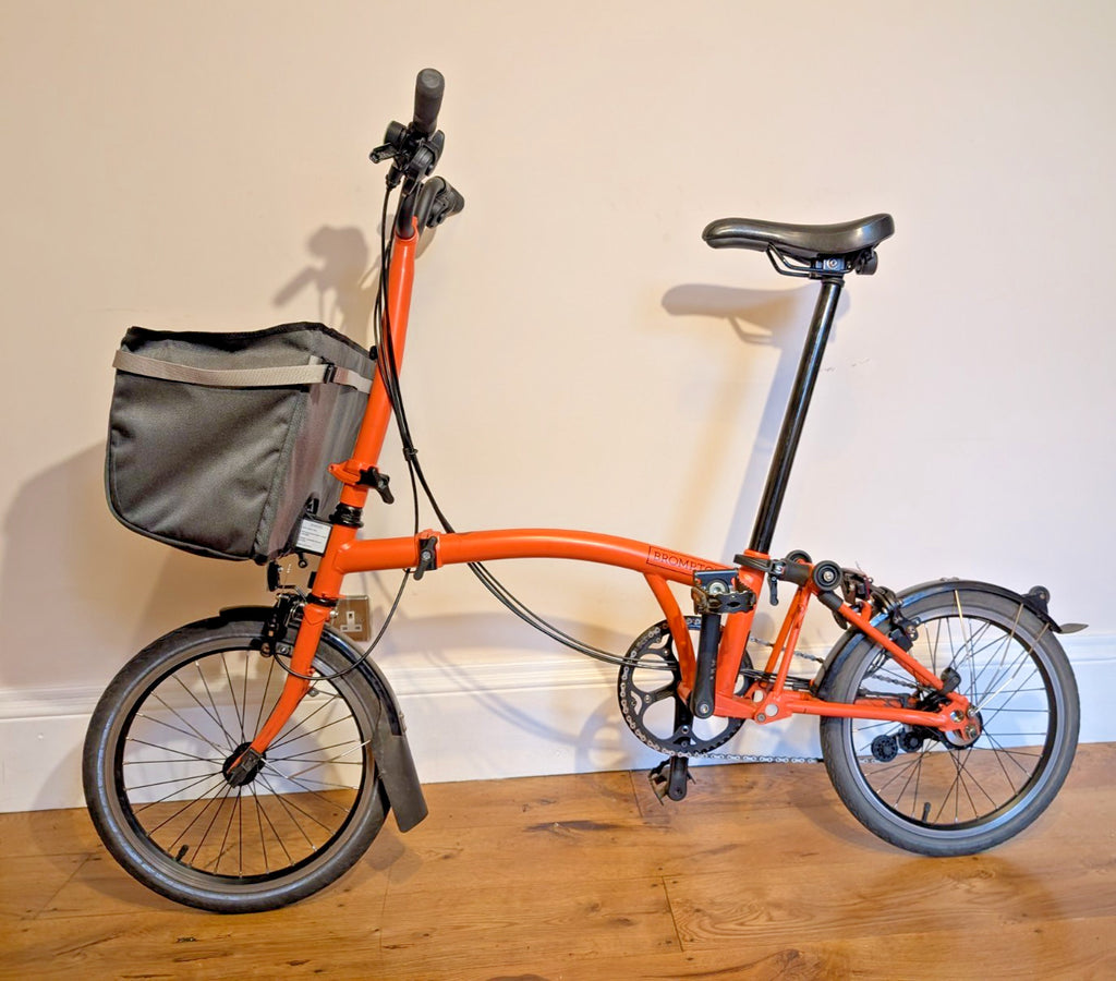 Brompton C Line 6 speed Fire Coral/Orange, recently serviced + Lights and Basket