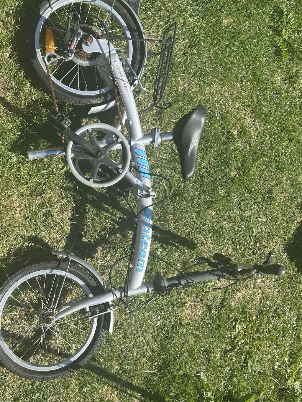 Bioteam Folding Bike 16" Silver Blue Steel 6 Speed Rear Rack Mudguards Kickstand