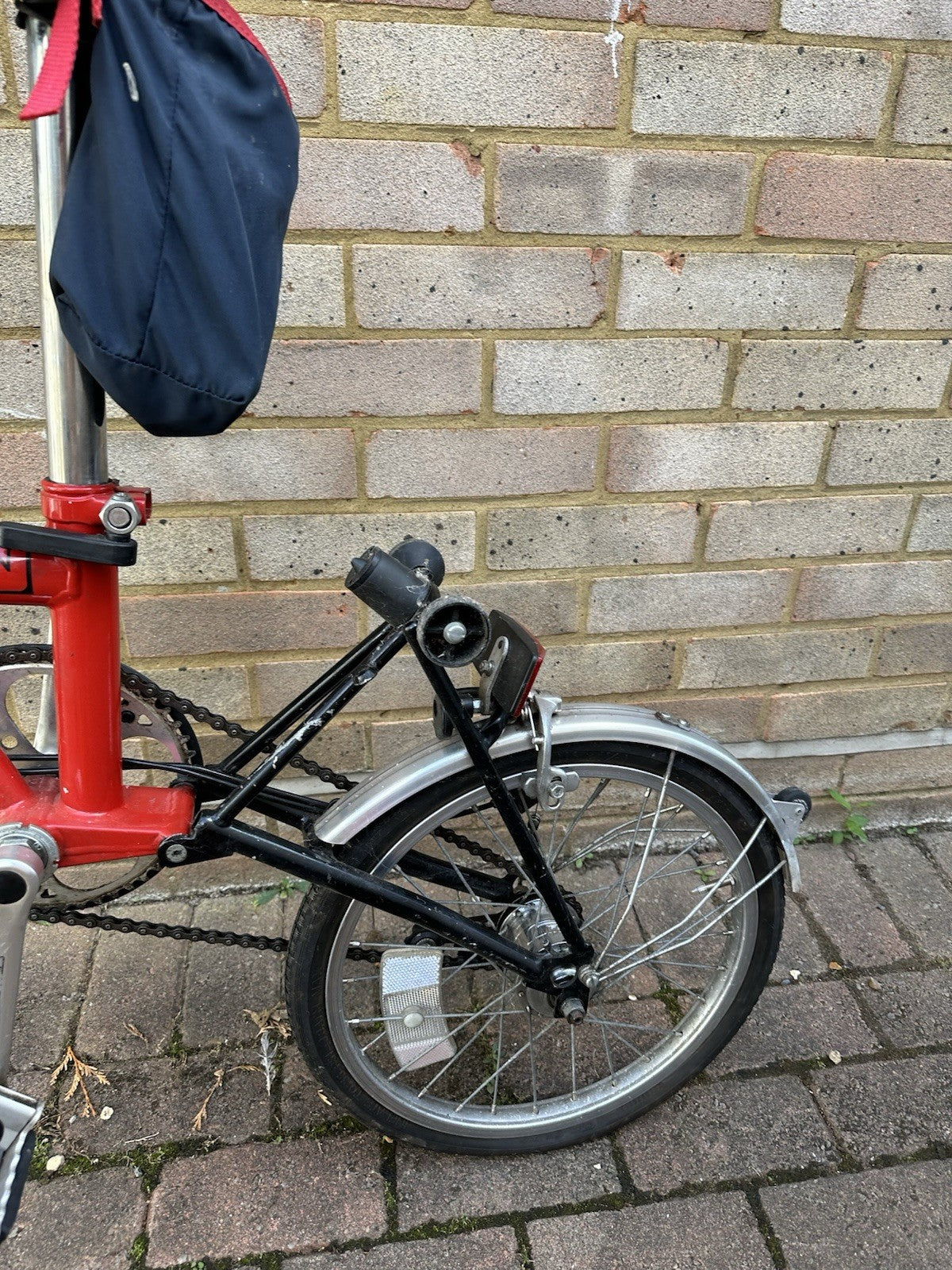 Brompton Folding Bike 16in Wheels Red/Black/Silver Mudguards Bell,lights,3 speed