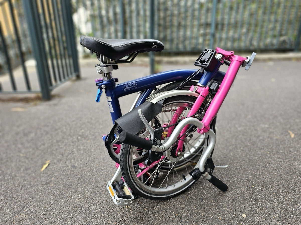 Brompton  c line 2012 Folding Bike 16 in M Frame Blue/Pink Mudguards lights