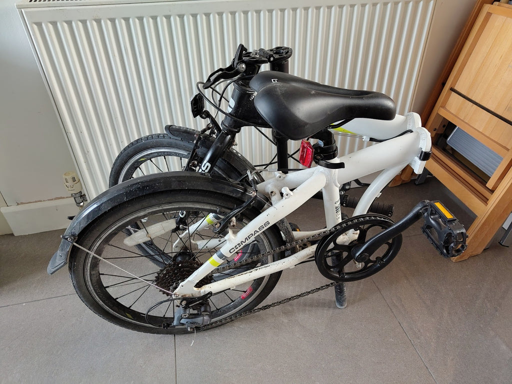 Compass 20in Folding Bike White/Black Flat Bar Shimano Claris Gears V-Brakes