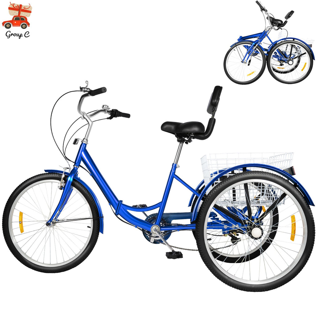 24'' Tricycle Adult Senior 7 Speed 3 Wheels Bike Foldable Trike Bicycle + Basket