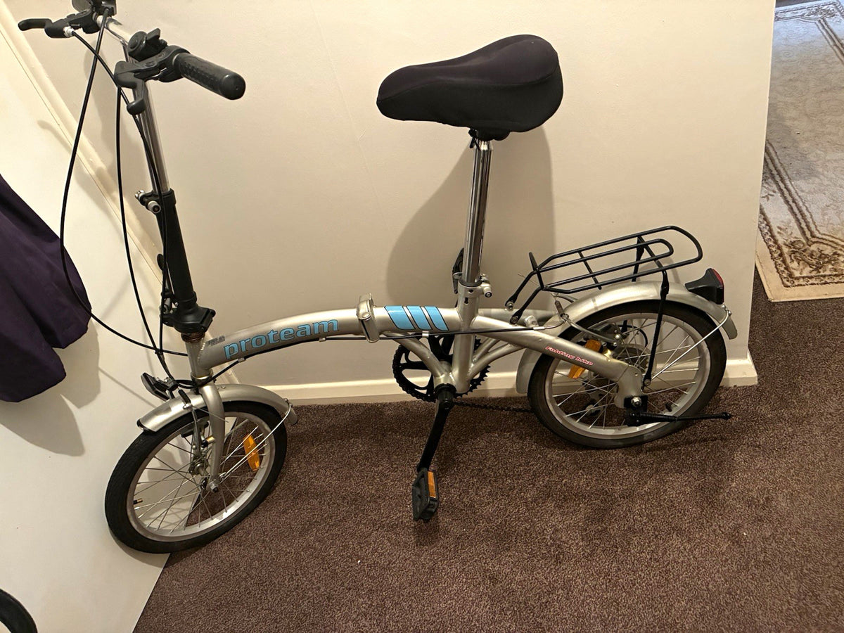 Proteam 20in Folding Bike 5 Speed Silver/Blue Rear Rack Kickstand