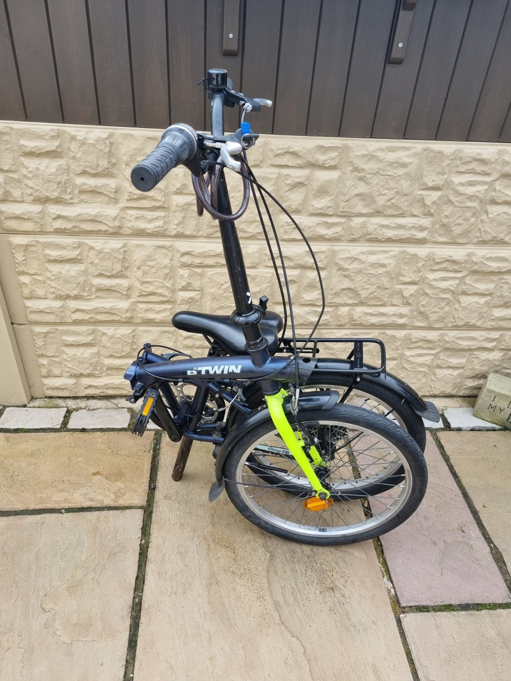 B'Twin 20in Folding Bike Black/Green, Rear Rack, Mudguards, V-Brakes