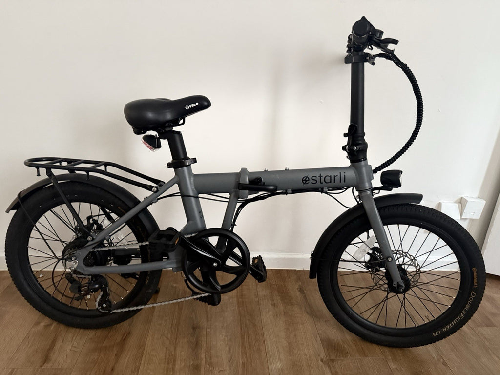 Estarli E20 Pro Folding Bike with Rear Rack 20 Inch Wheels In Storm Grey & Black